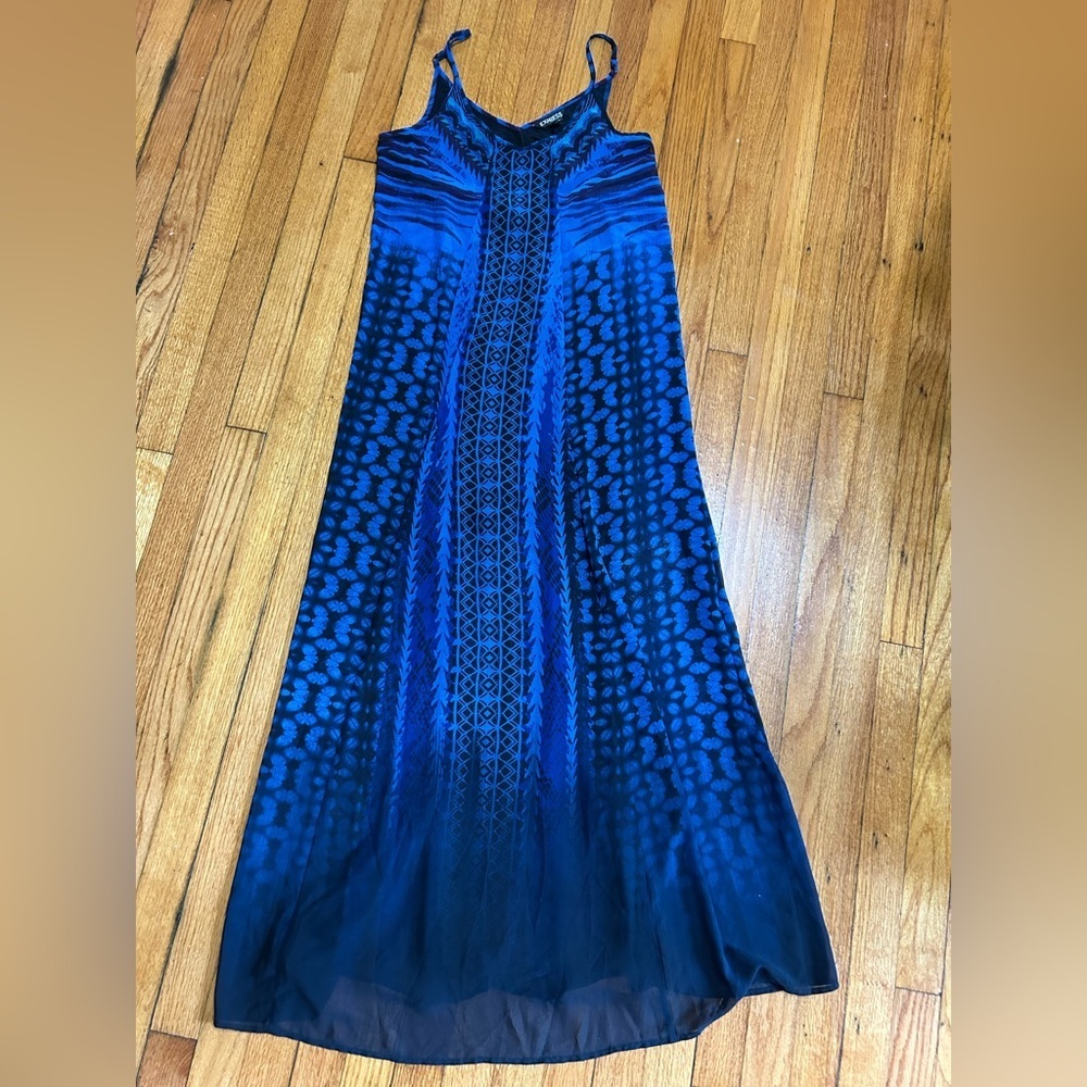 Express Blue Sheer Geometric Printed Sleeveless V Neck Maxi Dress Y2K - Picture 2 of 13